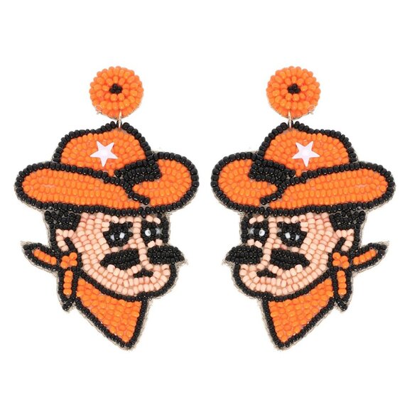 Oklahoma State Pistol Pete Orange Seed Beaded Football Fan Earrings Sports NEW - Picture 3 of 3